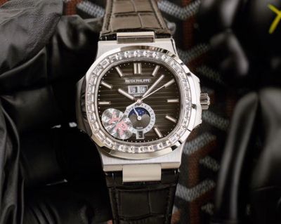 Replica Patek Philippe Nautilus Annual Calendar Black Moonphase Dial Black Leather Watch Band Diamond Bezel